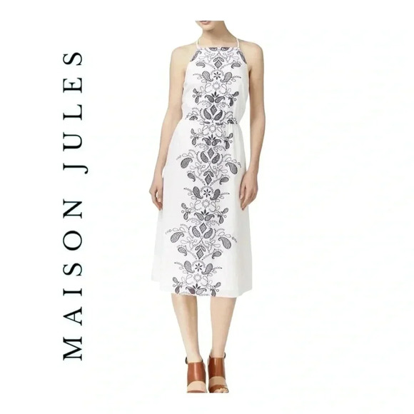 1501. MAISON JULES COTTON EMBROIDERED SHIFT MIDI LENGTH‎ DRESS NAVY BLUE/WHITE - Picture 1 of 11